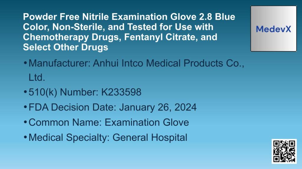 Powder Free Nitrile Examination Glove 2.8 Blue Color, Non-Sterile, and Tested for Use with Chemotherapy Drugs, Fentanyl Citrate, and Select Other Drugs
